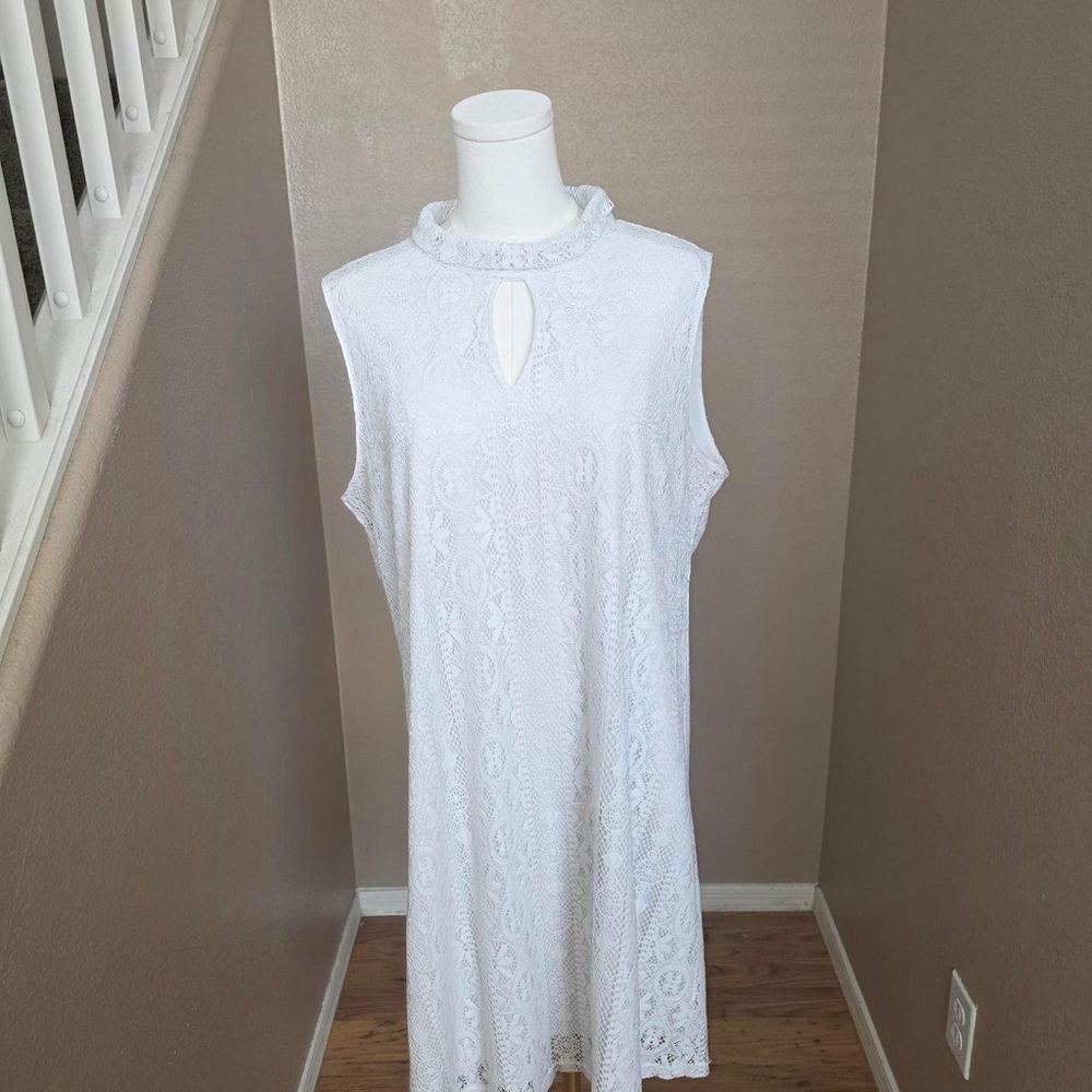 libby. edelman White Lace Sleeveless Mini Dress with Ruffled Neckline